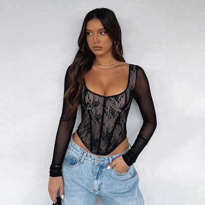Lace Stitching Long Sleeve Corset Top