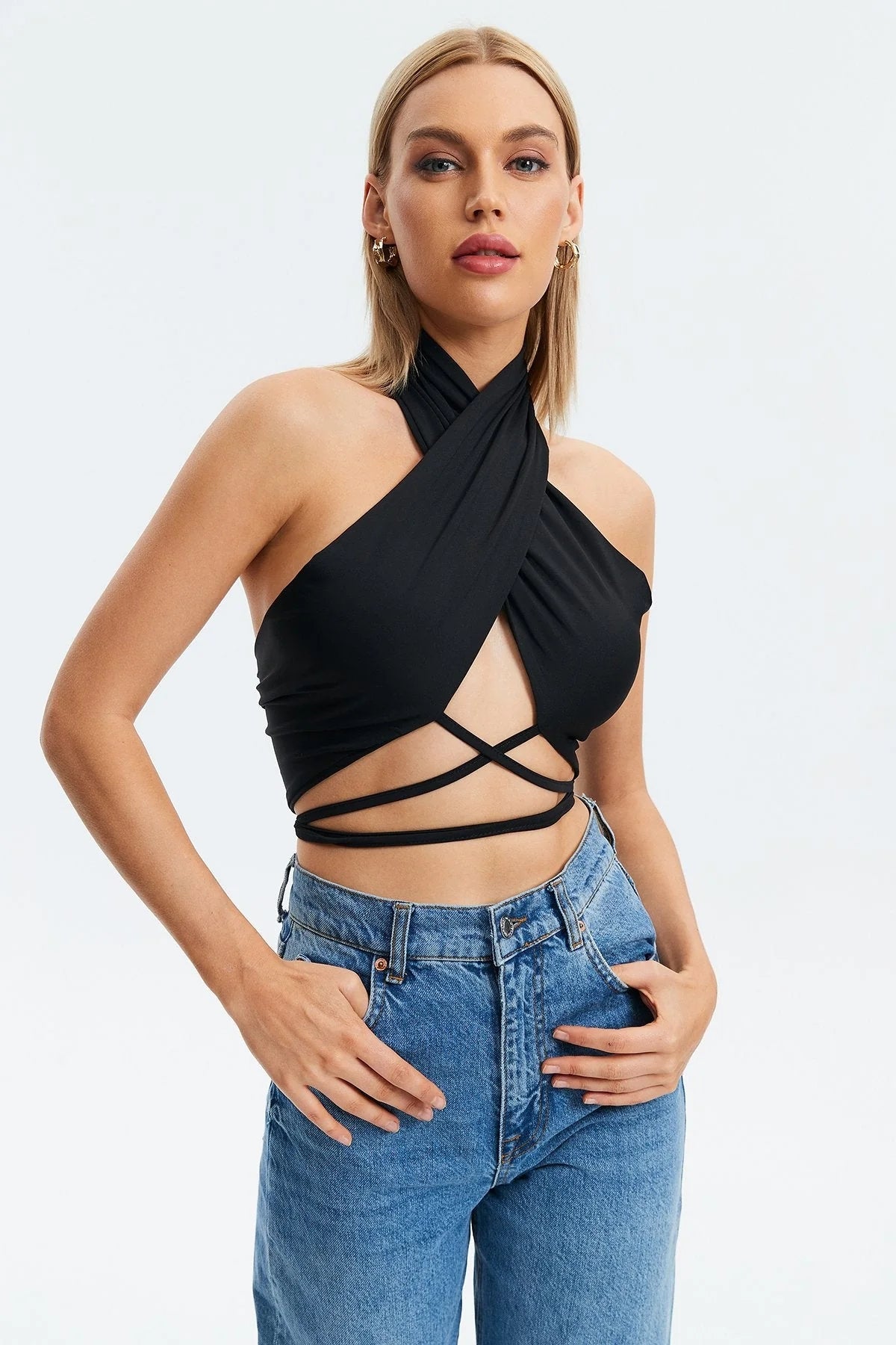 Hollow Out Waist Strap Tied Top