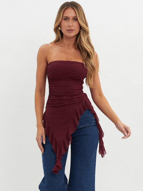 Strapless One-Line Pleated Ruffle Top